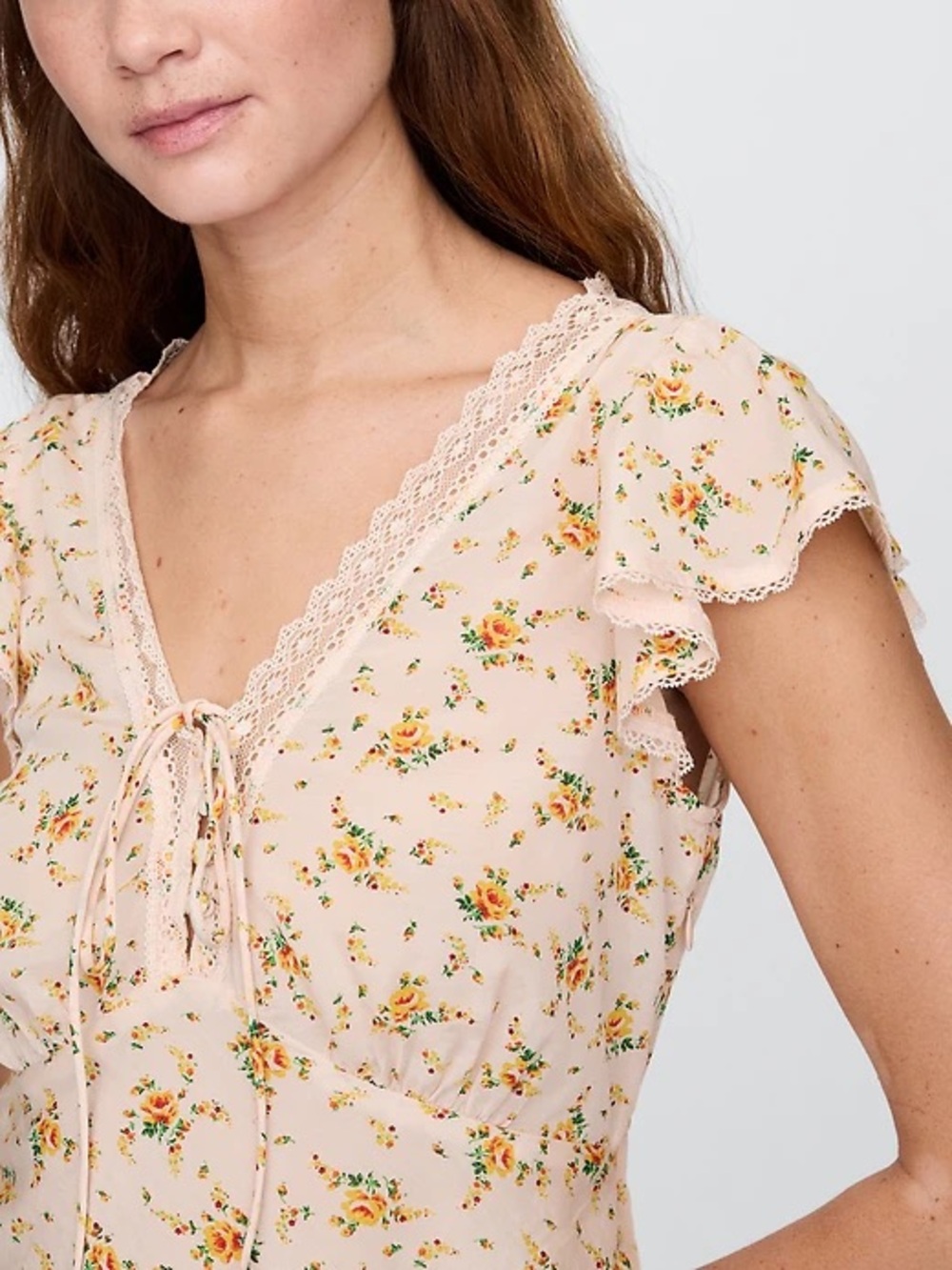 Gap Floral Lace-Trim Pink Cap-Sleeve Blouse - Picture 3 of 3